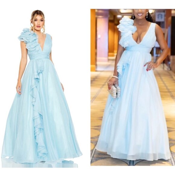 MAC DUGGAL Ruffle Shoulder V-neck Chiffon Gown in Powder Blue Size US 2 - Picture 1 of 13